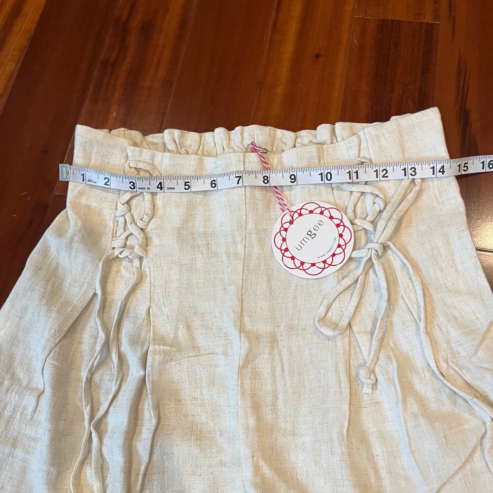 Umgee Linen Pants Wide Leg Paperbag Tie Lace Up Elastic Beige Oatmeal New Large - Picture 8 of 10
